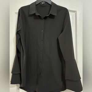 Black Button-Up Blouse with Flared Sleeves